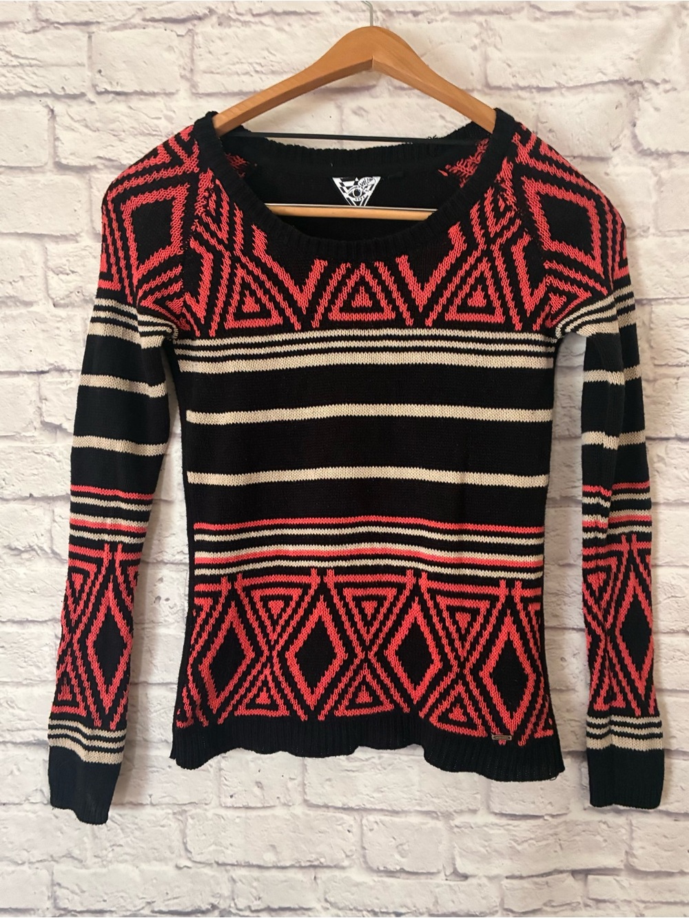 Volcom Black & Coral Geometric Knit Skater Sweater - Women’s Small